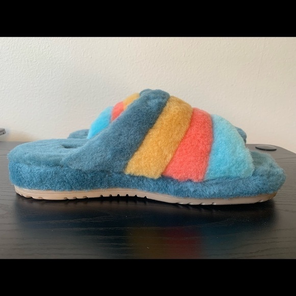 New MEN UGG FLUFF YOU MARINA BLUE MULTI STRIPES SLIPPERS NEW WITHOUT BOX # Slide - Picture 4 of 5